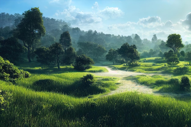 Fairytale forest paths green hills against a blue sky with clouds