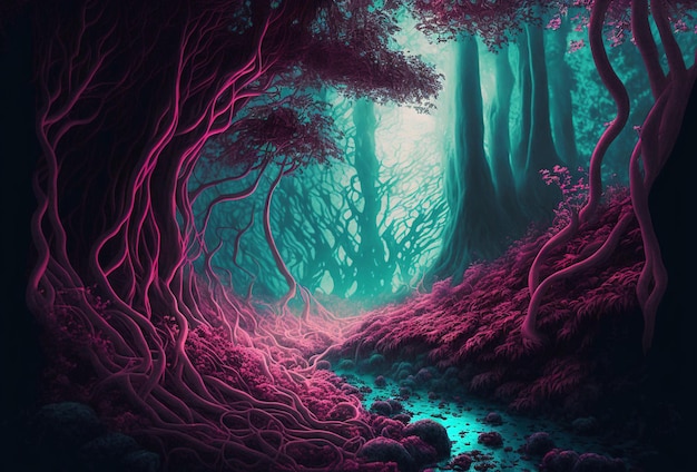 A fairytale forest a surreal mystical landscape The dark trees are illuminated by multicolored psychedelic neon light A mysterious path through the thicket 3D rendering AI generated