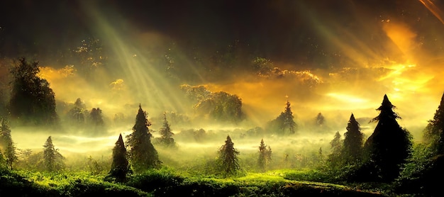 Fairytale forest with magical rays of light through the trees\
fantasy. 3d render raster illustration