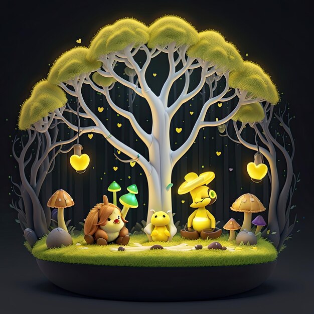 Photo fairytale forest with mushrooms and animals cartoon vector illustration