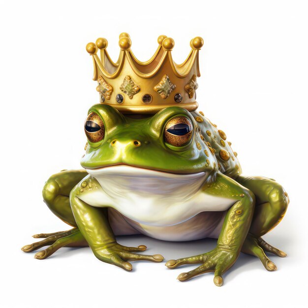 Photo fairytale frog with golden crown isolated on white created with generative ai