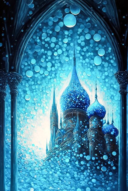 Fairytale glowing mystic dark blue background with temple or church ai generated