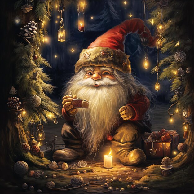 Fairytale gnome in a red cap under the Christmas tree