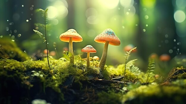 Fairytale hallucinogenic mushrooms growing in green