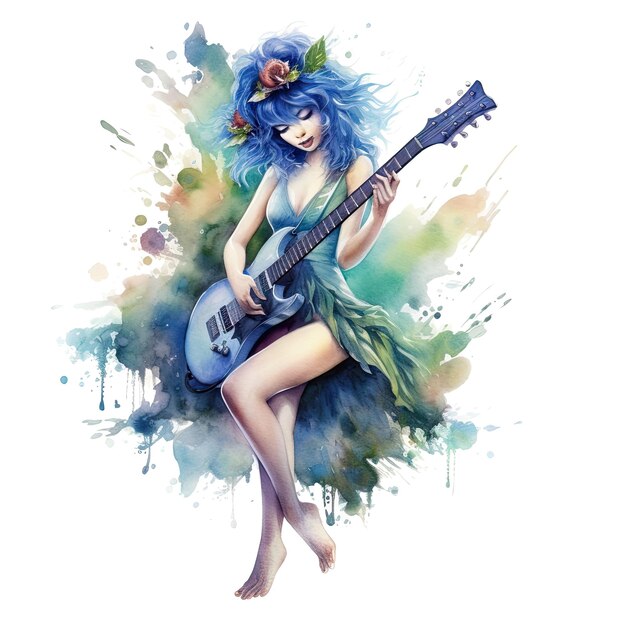 Fairytale heroine Full length illustration of a cool modern fairy and miniskirt playing electric guitar on a transparent background Princess tales Ai generative