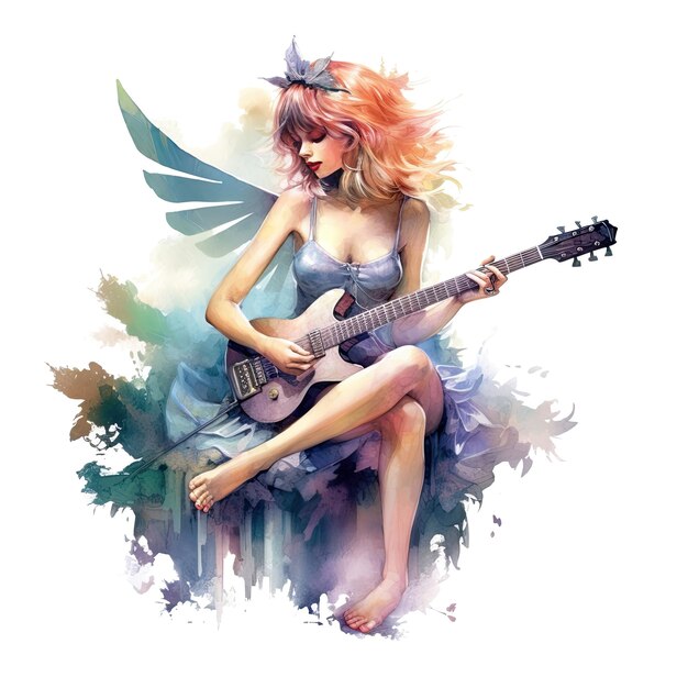 Fairytale heroine Full length illustration of a cool modern fairy and miniskirt playing electric guitar on a transparent background Princess tales Ai generative