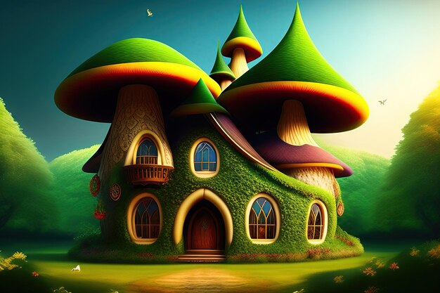 Fairytale house in a giant fantasy mushroom House of mystical creatures in a fairy forest