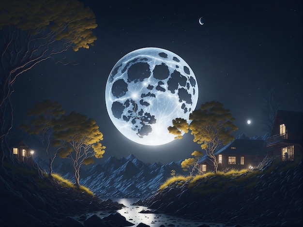 Fairytale house night scene with moonlight