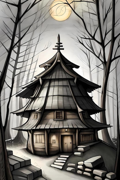 Fairytale hut of witch in dark gloomy forest