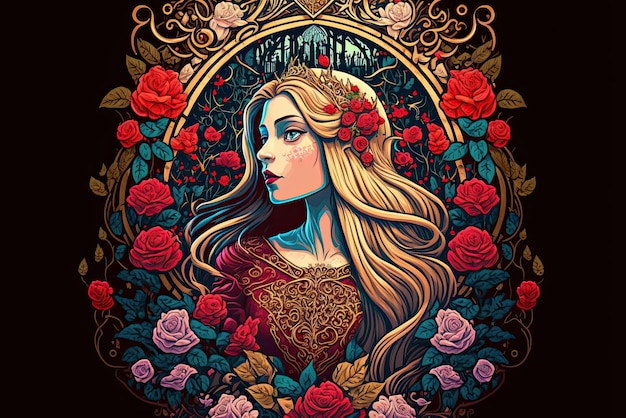 A fairytale illustration of a beautiful princess fantasy epic tale vintage Generative AI