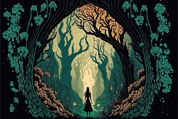 Un'illustrazione da favola di un racconto epico fantasy della foresta incantata vintage ia generativa