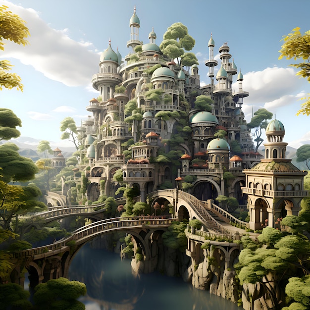Fairytale kasteel in de jungle Fantasy landschap 3D-rendering