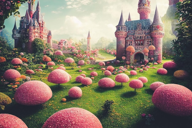 Сказочный пейзаж, полный конфетного дерева в великолепной сказочной обстановке