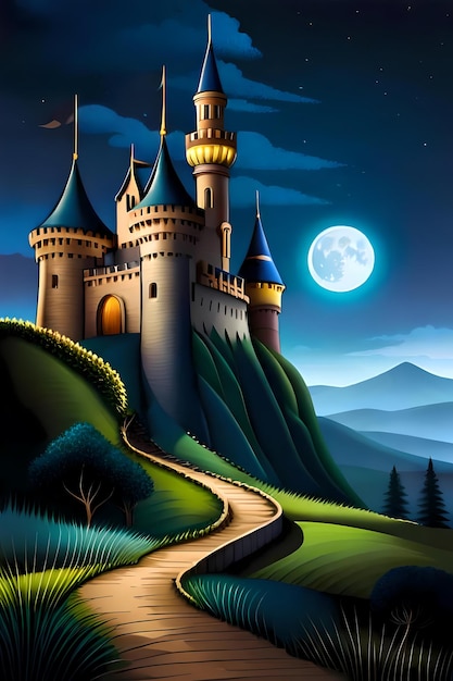 Fairytale landscape with castle at moonlit night