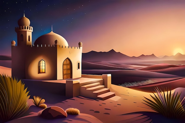 Fairytale landscape with medieval arabian house in desert