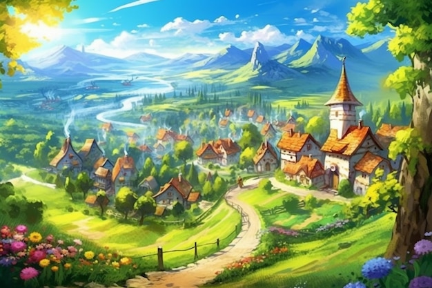 Fairytale landscape with village in the mountains Digital painting