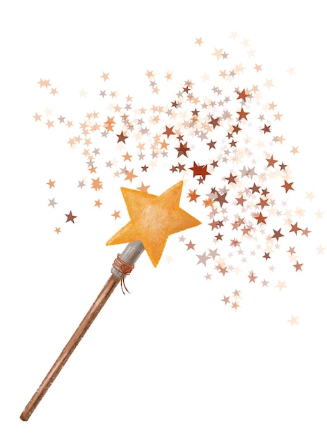 Fairytale magic wand with multicolored stars drawing. illustration isolated on a white background