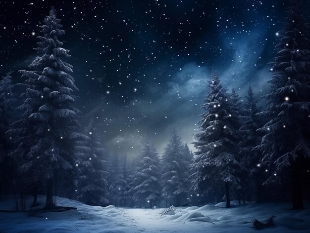 Fairytale night forest covered with snow in the moonlight Winter landscape New Year concept