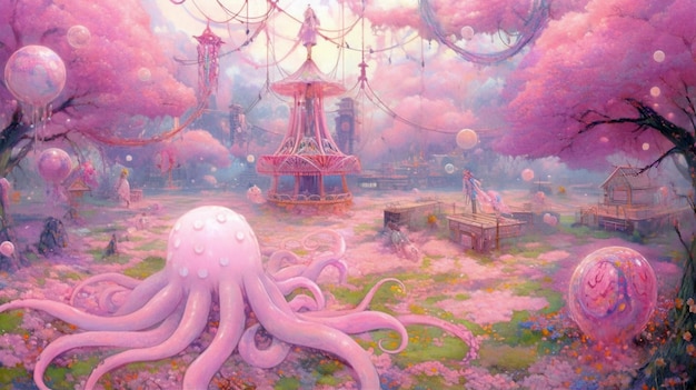 Fairytale pink octopus in the amusement park generated by AI