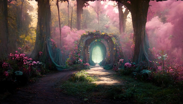 Fairytale portal in pink shades 3D render