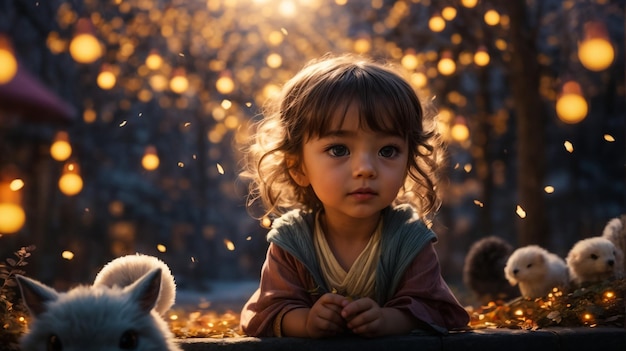 Сказочный портрет маленькой девочки с молнией на ночном поле