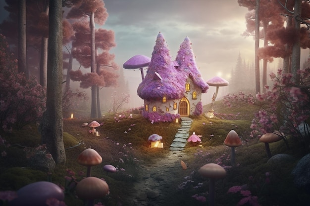 A fairytale purple mushroom house in a forest with pink flowers