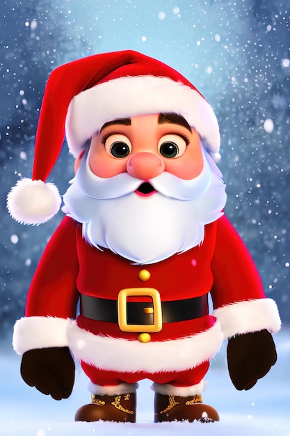 Fairytale Santa with big eyes standing in a blizzard 3d illustration