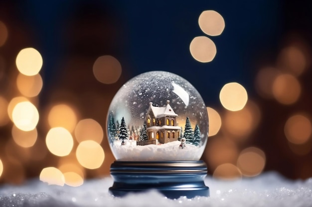 Foto fairytale snowglobe met winterlandschap binnen en wazig bokeh achtergrond generatieve ai