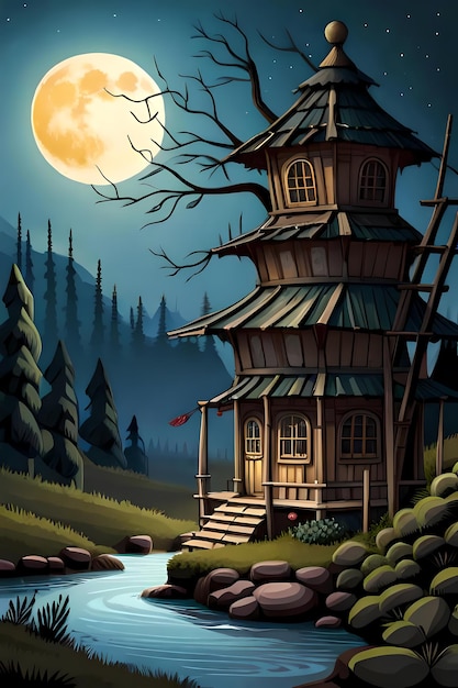 Fairytale tall round house by brook at moonlit night