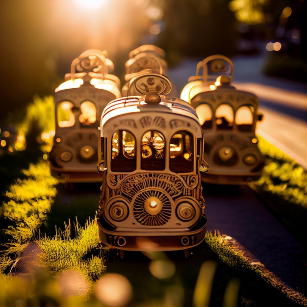 Fairytale trolleybus in the meadow AI Generated