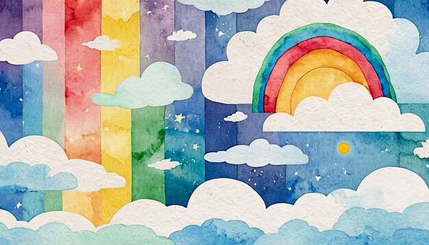 写真 虹を描いた童話の水彩画の風景