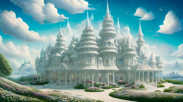 Fairytale white castle in the clouds