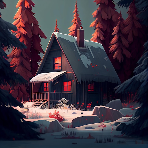 Fairytale Winter Snow Forest with Trees and House Generative AI