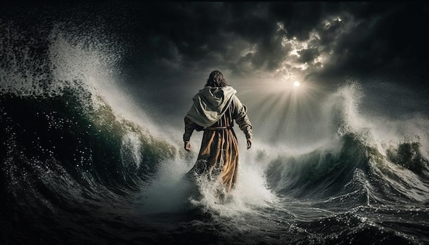 Faith in the Storm Jesus Walking on Water Amidst Wind and Waves Generative AI