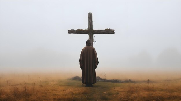 A faithful man in a cassock worships a large cross