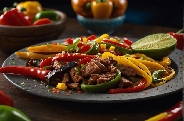 Photo fajita platter being garnished with chopped bell pepp