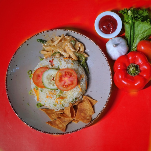 Photo fajita rice bowl served in dish top view of fastfood