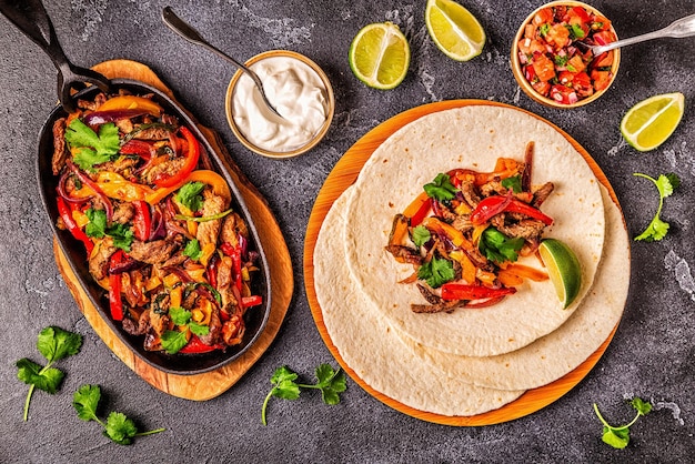 FAJITAS met gekleurde peper en uien geserveerd met tortilla's