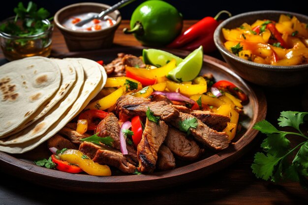 Fajitas served with a side of spicy chipotle sauce