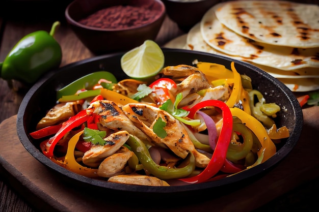 Fajitas with chicken and bell pepper on the board with sauces Generative Ai
