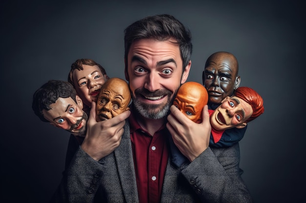 Fake emotion play a role concept Character holds masks our face with different emotions Choice of moods hiding behind a false mask Defense and playing to the audience Psychology Generative AI