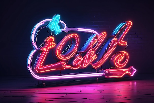 Foto fake love segno al neon con lettere su sfondo scuro modello di progettazione del logo