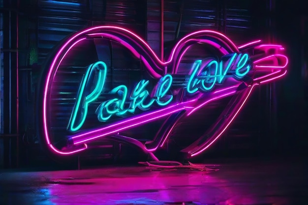 Photo fake love neon sign with lettering on dark background logo design template