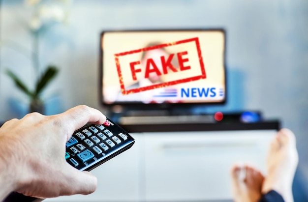 Photo fake news propaganda hoax political tv internet social young man watching the fake news report on tv at home agitation and propaganda in the modern television switching channel on remote control