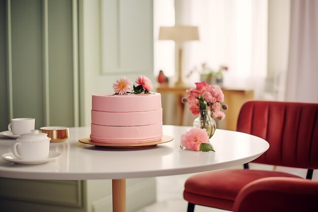 A fake pink cake on a plate stands on a white table in a midcentury style interior