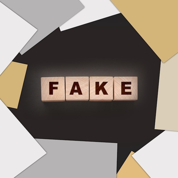 검정에 나무 블록으로 작성된 FAKE 단어