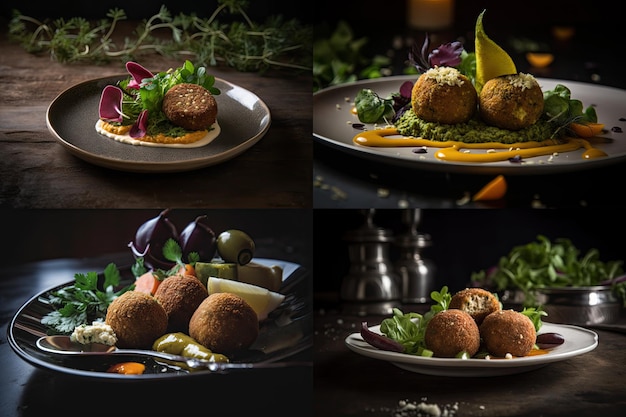 Falafel Ballen Collage Gebakken Kikkererwten Ballen Traditionele Falafels op Donkere Achtergrond Gekruid Arabisch Halal Voedsel Falafel Abstracte Generatieve AI Illustratie