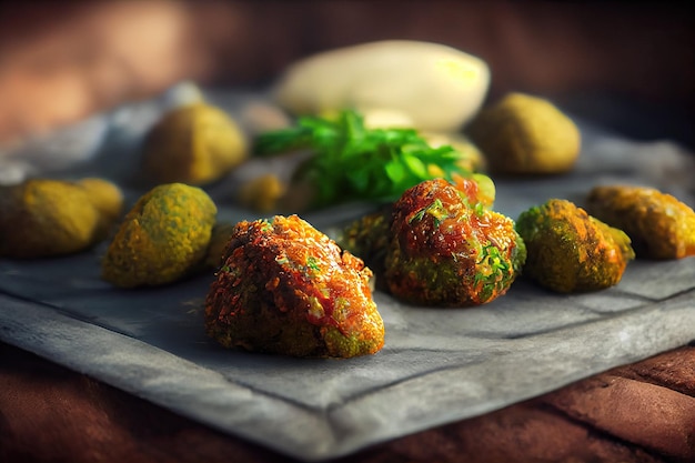 Falafel balls on a wooden cutting board selective focusgenerative ai