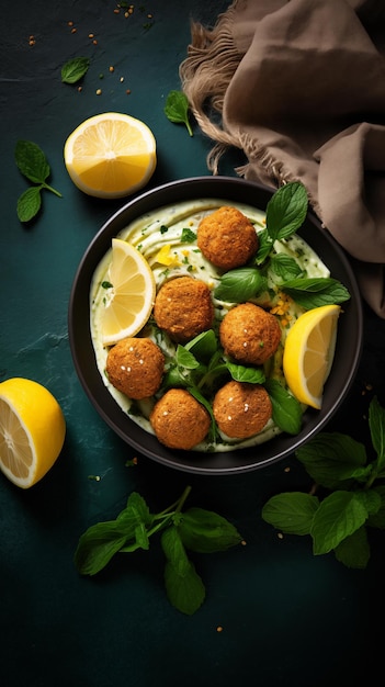 Falafel croquettes geserveerd met verse spinazie yoghurt saus hummus in een schaal en gesneden citroen humeurige