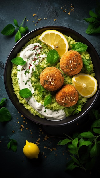 Falafel croquettes geserveerd met verse spinazie yoghurt saus hummus in een schaal en gesneden citroen humeurige